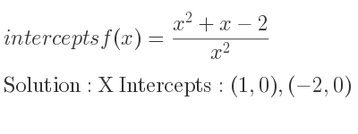 The intercepts of f(x)=(x^2+x-2)/(x^2) is X Intercepts: (1,0),(-2,0)